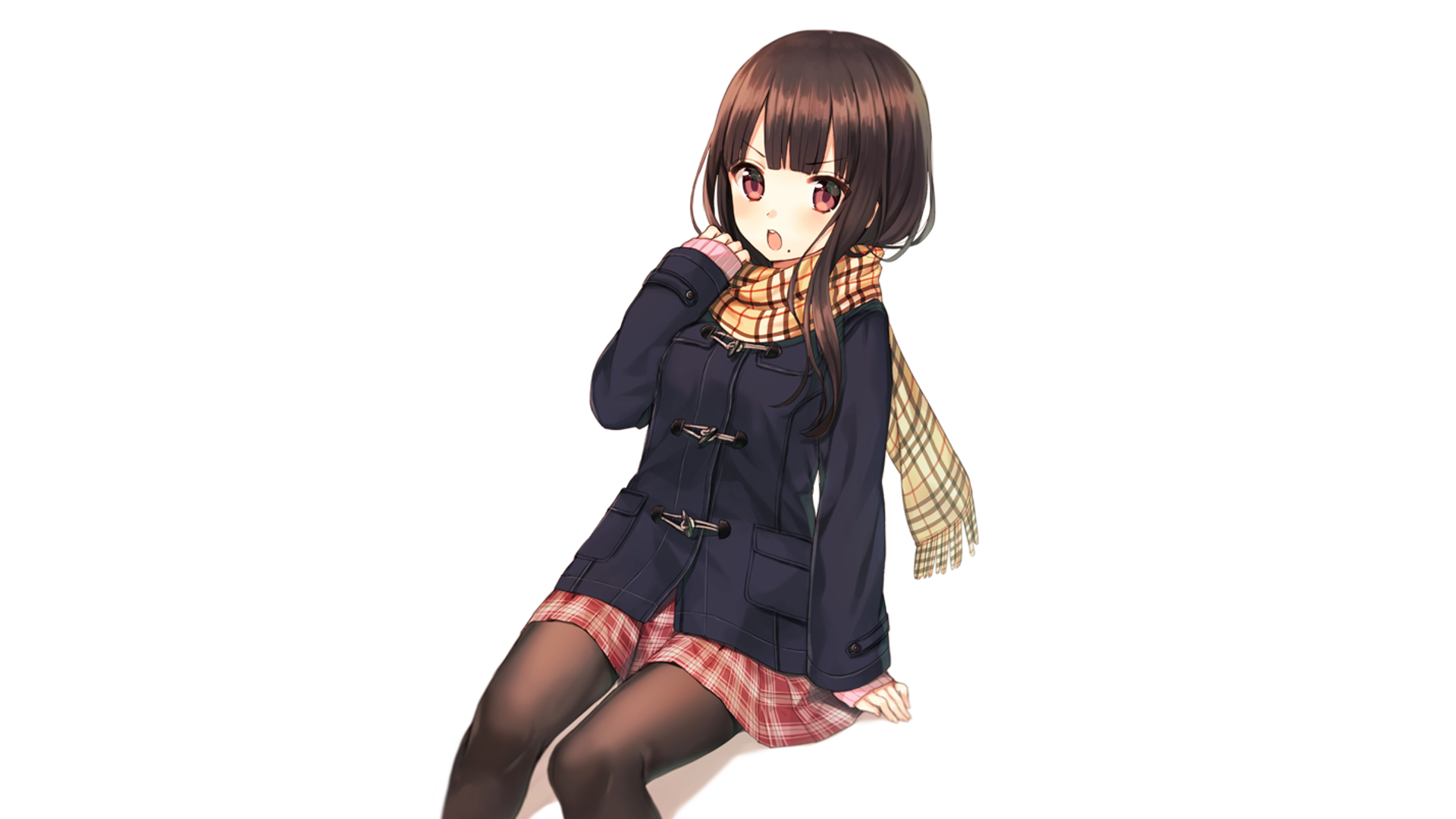 Original anime HD PC desktop wallpaper: school uniform girl with brown hair, plaid skirt and scarf, dark coat and tights on a white background.