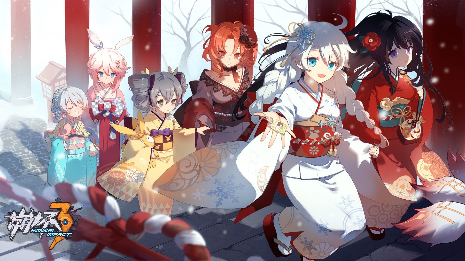 HD desktop wallpaper featuring Yae Sakura, Theresa Apocalypse, Herrscher of Thunder, Murata Himeko, Kiana Kaslana, and Bronya Zaychik from Honkai Impact 3rd.