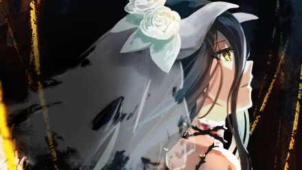 Anime character Albedo from Overlord, dressed as a bride with a white veil adorned with roses, against a dark, abstract background. This HD image makes an appealing desktop wallpaper and background.