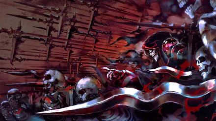 HD desktop wallpaper featuring Ainz Ooal Gown from the anime Overlord, surrounded by skulls and skeletons, with a menacing dagger in the foreground. The background is dark and ominous.