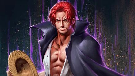 HD wallpaper featuring Shanks from One Piece, donning his signature straw hat and showcasing his red hair. The background exhibits a dynamic, anime-style aesthetic.
