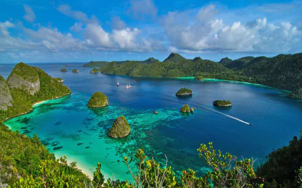 A vibrant HD desktop wallpaper of Raja Ampat, Indonesia, showcasing the turquoise ocean, lush green islands, and a clear horizon under a partly cloudy sky.