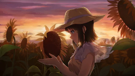 HD anime original desktop wallpaper featuring a girl in a sunhat holding a sunflower at sunset in a blooming sunflower field.