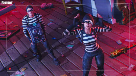 Two Fortnite characters dressed as burglars pose playfully in a cluttered room. This HD wallpaper and background captures an in-game scene from Fortnite Battle Royale.