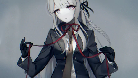 HD desktop wallpaper featuring Kyōko Kirigiri from the anime Danganronpa, dressed in a black outfit and holding red ribbons.