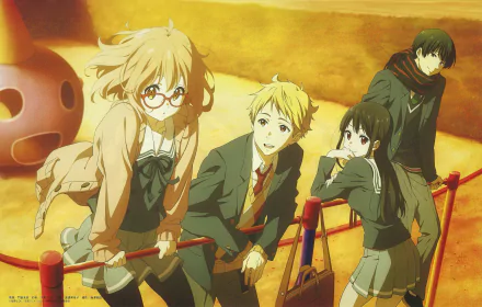 HD wallpaper featuring characters Mitsuki Nase, Akihito Kanbara, Hiroomi Nase, and Mirai Kuriyama from the anime Beyond the Boundary. The image shows them in school uniforms, enjoying a warm, golden setting.
