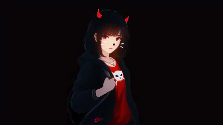 HD desktop wallpaper featuring an anime girl with black short hair, red eyes, small horns, and whisker-like face markings. She wears a red top with a skull design and a black hoodie.