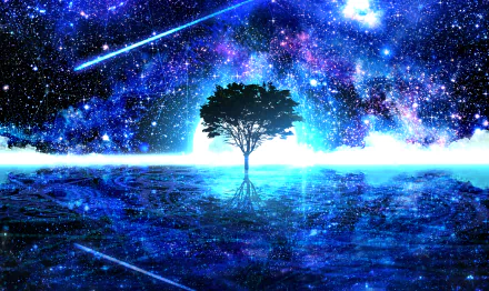 A stunning anime-style HD desktop wallpaper featuring a lone tree reflecting off a serene surface with a starry sky backdrop and a shooting star streaking across.