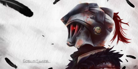 A HD desktop wallpaper featuring a detailed illustration of the Goblin Slayer character from the anime Goblin Slayer, with a dark background and striking red accents on the character's helmet and plume.