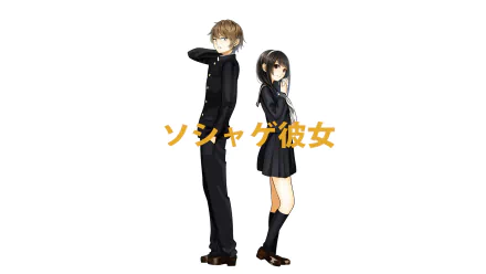 HD anime-style original desktop wallpaper featuring a boy and girl in school uniforms standing back to back with Japanese text between them.