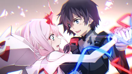 HD desktop wallpaper featuring Hiro and Zero Two from the anime Darling in the FranXX. The characters are in an intense and emotional embrace, with vibrant, dynamic lighting and vivid colors.