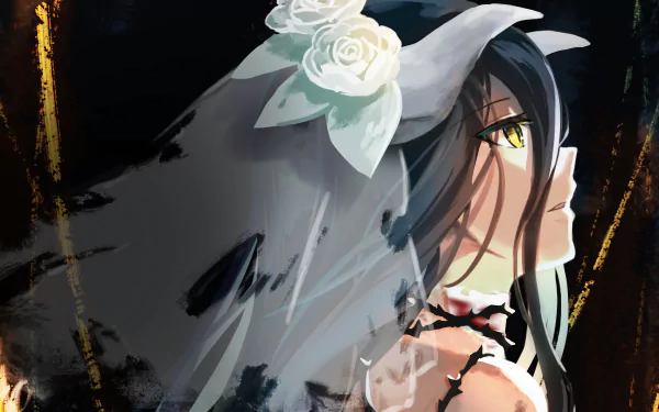 Anime character Albedo from Overlord, dressed as a bride with a white veil adorned with roses, against a dark, abstract background. This HD image makes an appealing desktop wallpaper and background.