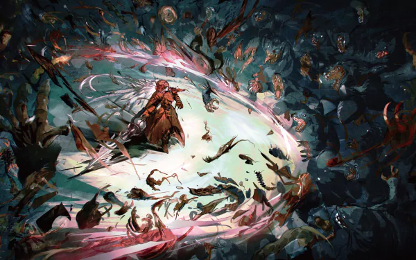 HD wallpaper featuring Shalltear Bloodfallen from the anime Overlord, depicting an intense battle scene with demonic elements.