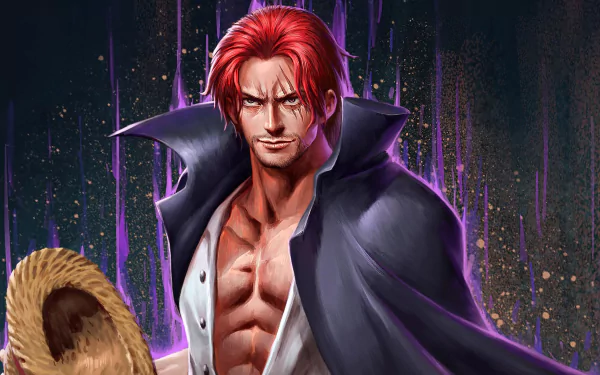 HD wallpaper featuring Shanks from One Piece, donning his signature straw hat and showcasing his red hair. The background exhibits a dynamic, anime-style aesthetic.