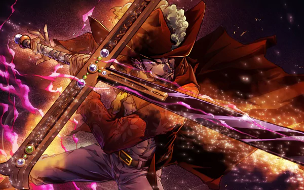 HD desktop wallpaper of Dracule Mihawk from the anime One Piece, showcasing an action-packed and vibrant scene with Mihawk wielding his iconic sword amidst a flurry of energy and light effects.