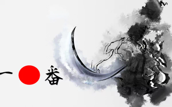 HD Anime desktop wallpaper featuring Afro Samurai with bold brush strokes and a striking red sun against a minimalist white background.