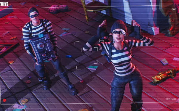 Two Fortnite characters dressed as burglars pose playfully in a cluttered room. This HD wallpaper and background captures an in-game scene from Fortnite Battle Royale.