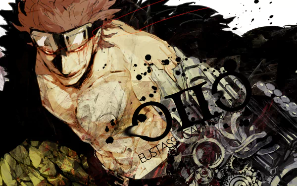 4K Ultra HD PC desktop wallpaper featuring Eustass Kid from the anime One Piece with dynamic splattered ink and mechanical design elements.