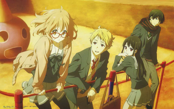 HD wallpaper featuring characters Mitsuki Nase, Akihito Kanbara, Hiroomi Nase, and Mirai Kuriyama from the anime Beyond the Boundary. The image shows them in school uniforms, enjoying a warm, golden setting.