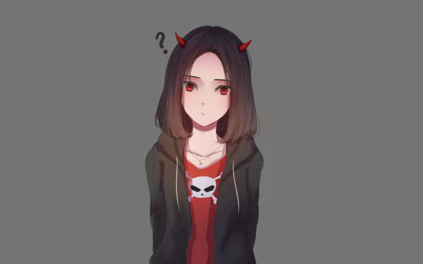 An HD desktop wallpaper featuring an anime character with black hair, red eyes, and red horns, wearing a skull-themed top, looking puzzled against a gray background.