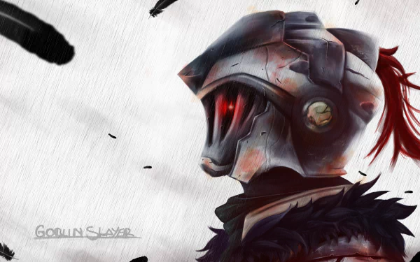 A HD desktop wallpaper featuring a detailed illustration of the Goblin Slayer character from the anime Goblin Slayer, with a dark background and striking red accents on the character's helmet and plume.