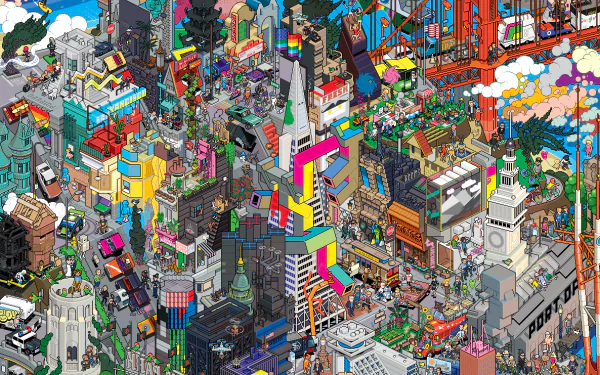 HD desktop wallpaper of San Francisco in vibrant pixel art, showcasing an artistic and detailed cityscape.