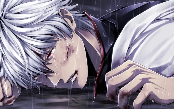 HD anime desktop wallpaper featuring Gintoki Sakata from Gintama, depicted lying on the ground with rain falling and a determined expression.
