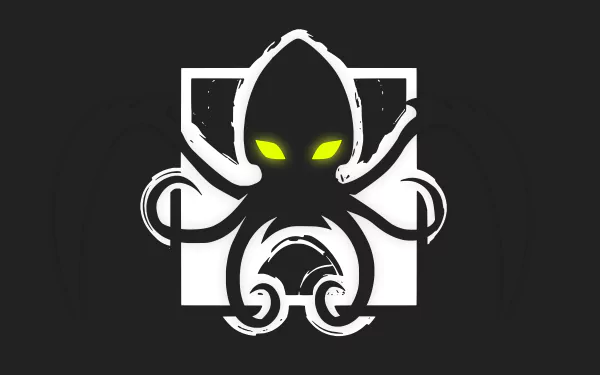 Minimalist 8K Ultra HD PC wallpaper: Alibi emblem from Tom Clancy's Rainbow Six Siege — stylized octopus mask with glowing green eyes on a dark background, Minimalist Gaming vibe.