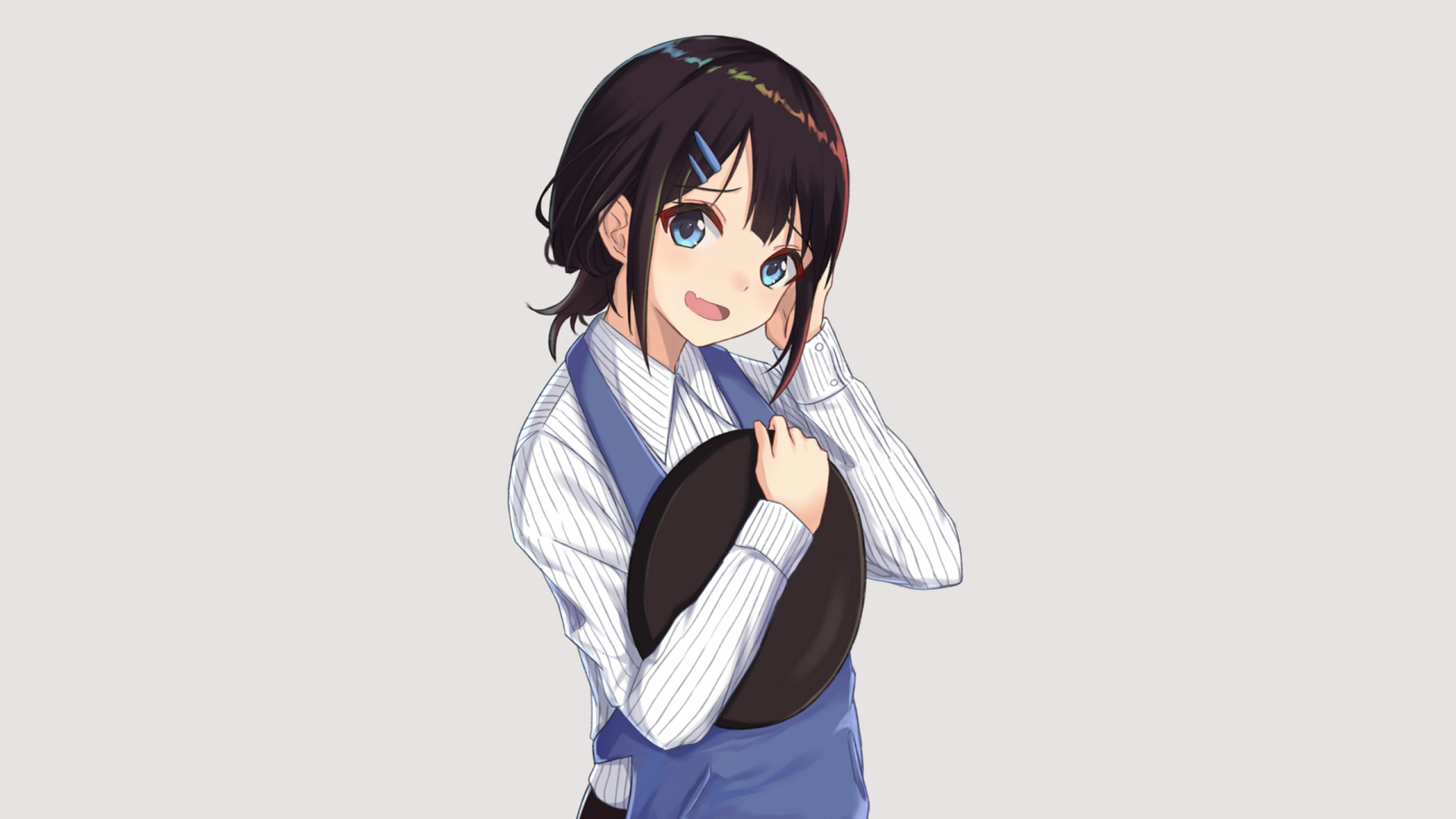 HD desktop wallpaper featuring an original anime character with black hair and a blue vest, holding a hat and smiling against a plain background.