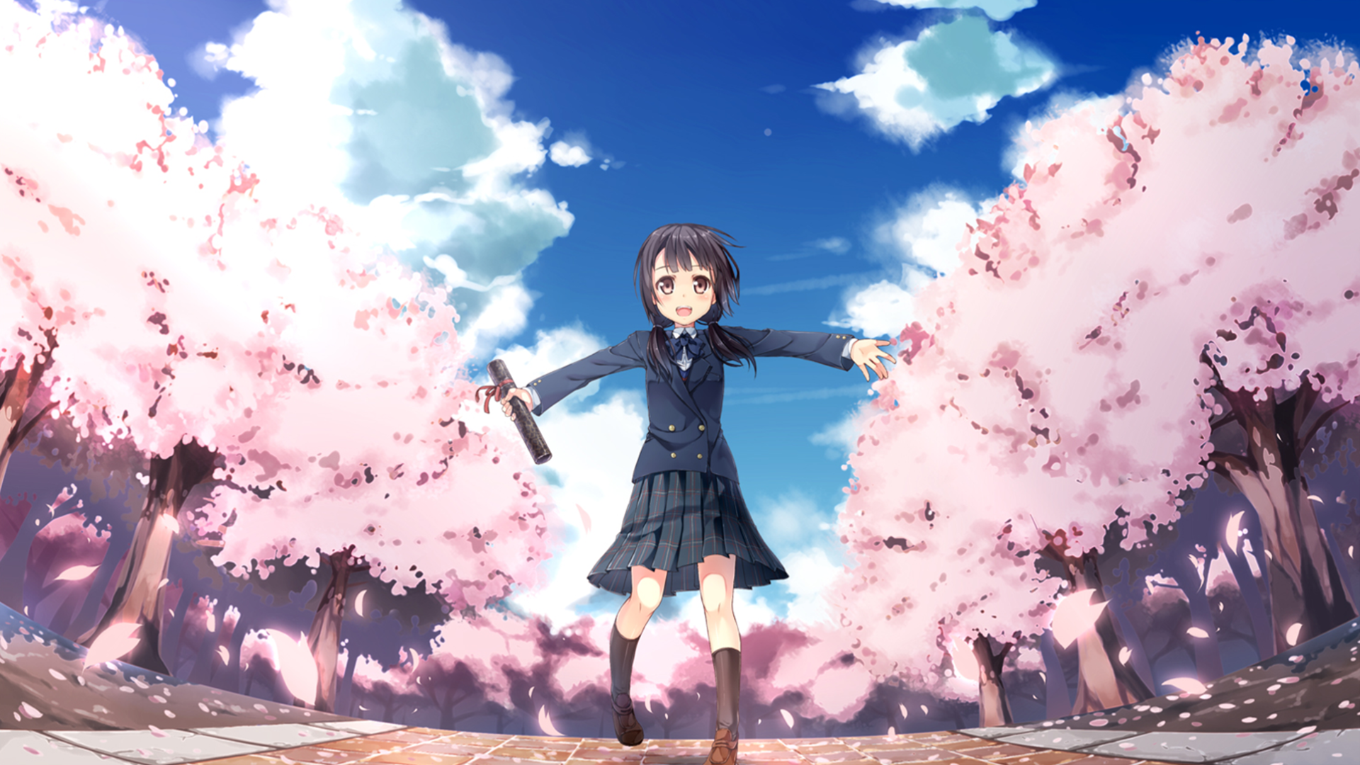 Anime-style original HD desktop wallpaper featuring a girl in a school uniform standing joyfully amidst blooming cherry blossom trees under a bright blue sky.