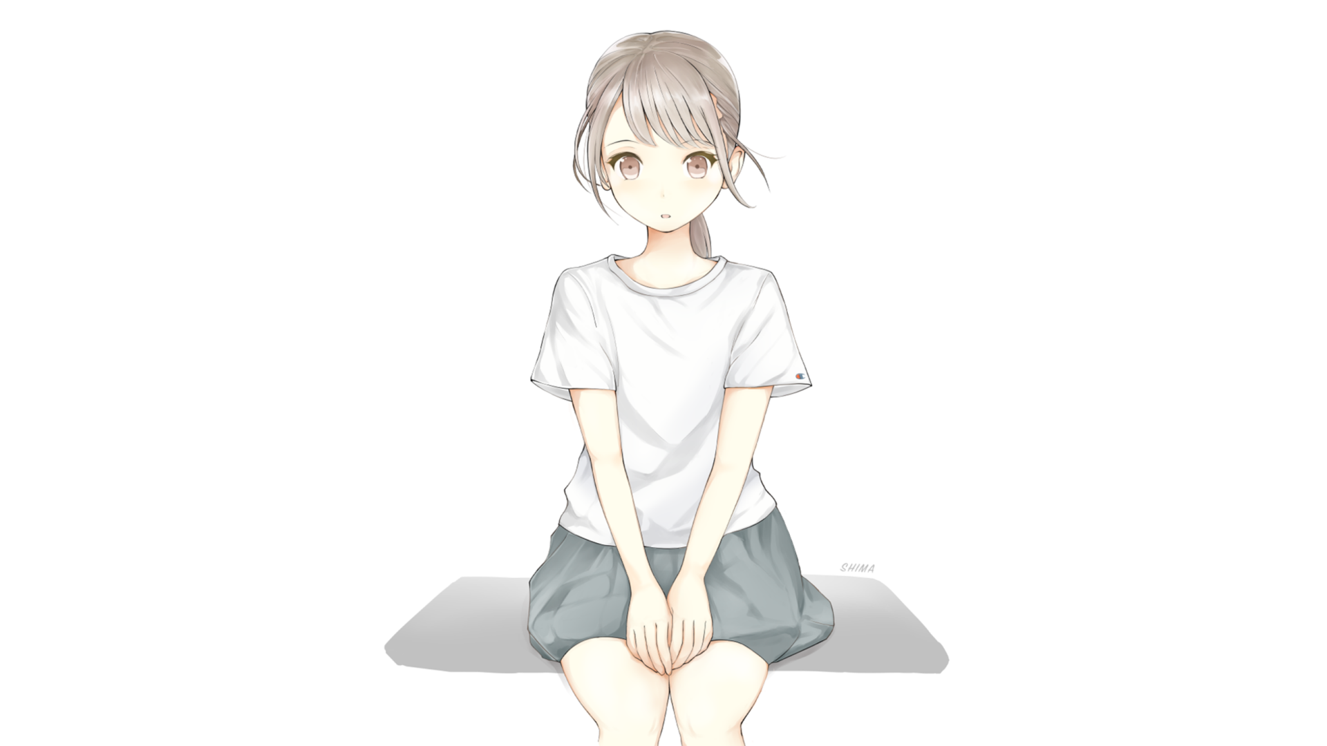 An HD desktop wallpaper featuring an anime girl with light brown hair and eyes, wearing a white shirt and grey skirt, sitting against a plain white background.