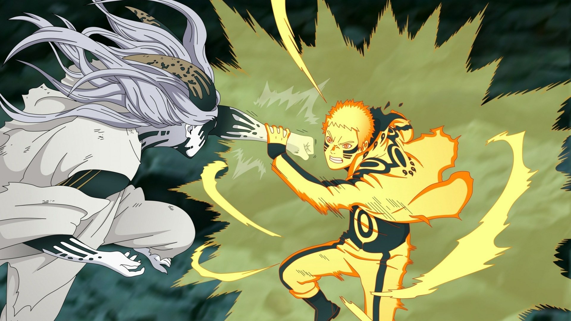 HD anime desktop wallpaper featuring Naruto Uzumaki in Sage of Six Paths mode clashing with Momoshiki Ōtsutsuki from Boruto.