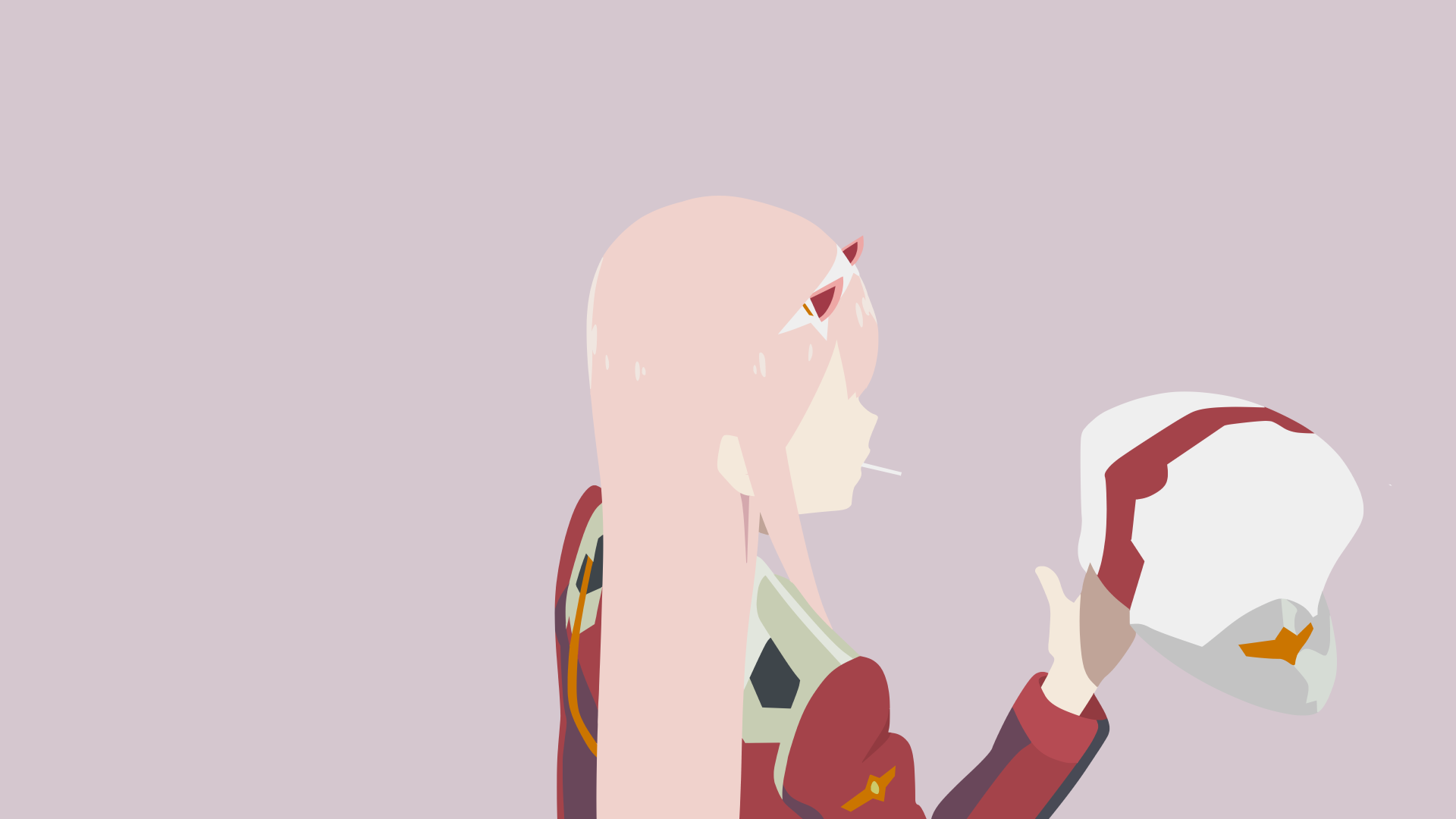 Minimalist HD anime wallpaper featuring Zero Two from Darling in the FranXX holding her helmet against a soft pastel background.