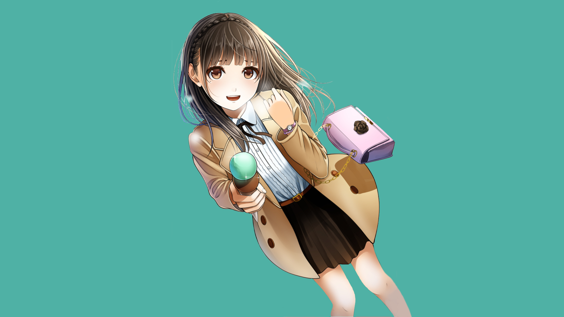 Anime-style original HD desktop wallpaper featuring a girl with black hair holding an ice cream cone and a small purple purse against a teal background.