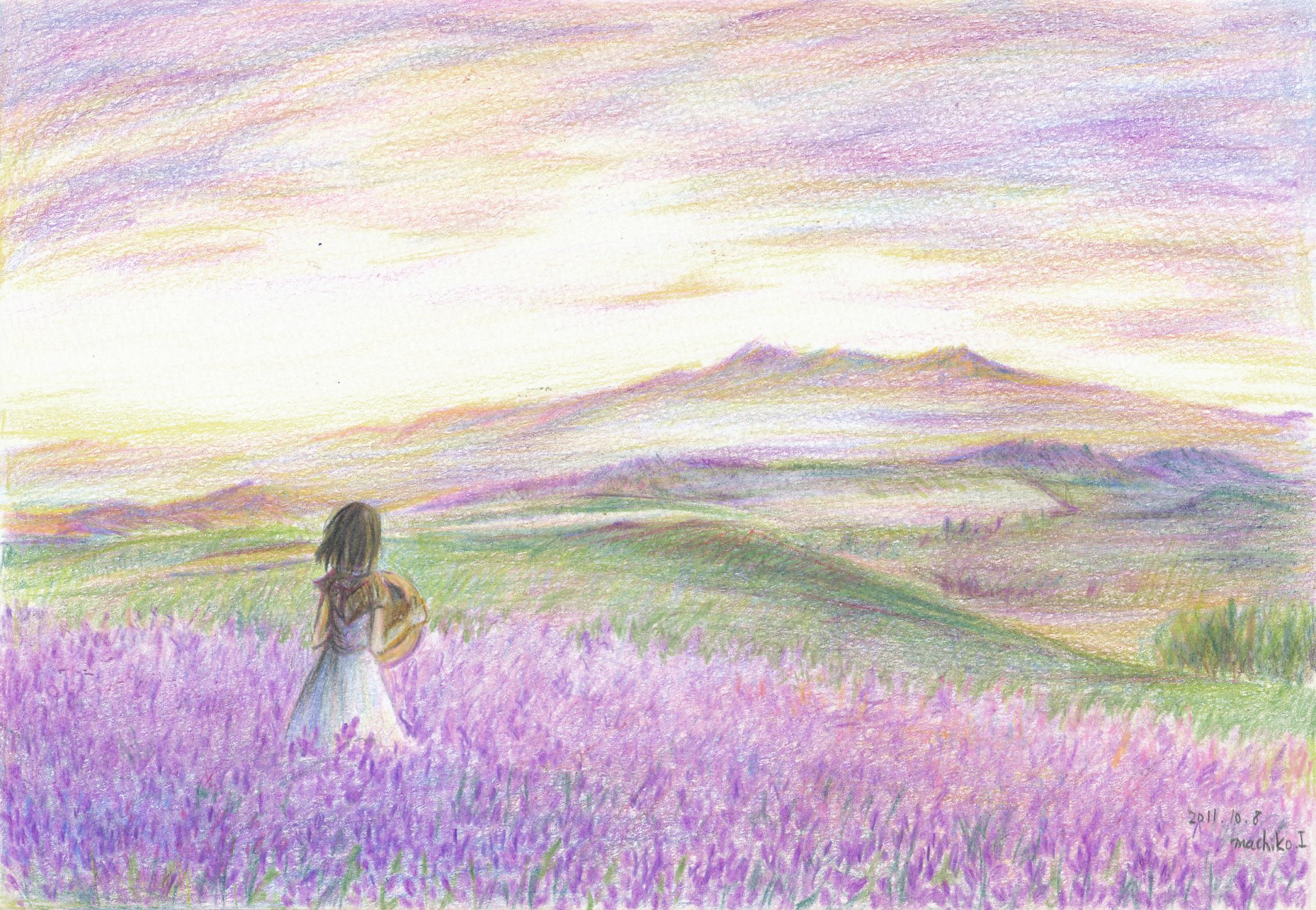 A colorful original anime landscape depicting a girl standing in a purple flower field, overlooking rolling hills under a soft pastel sky, captured in HD quality.