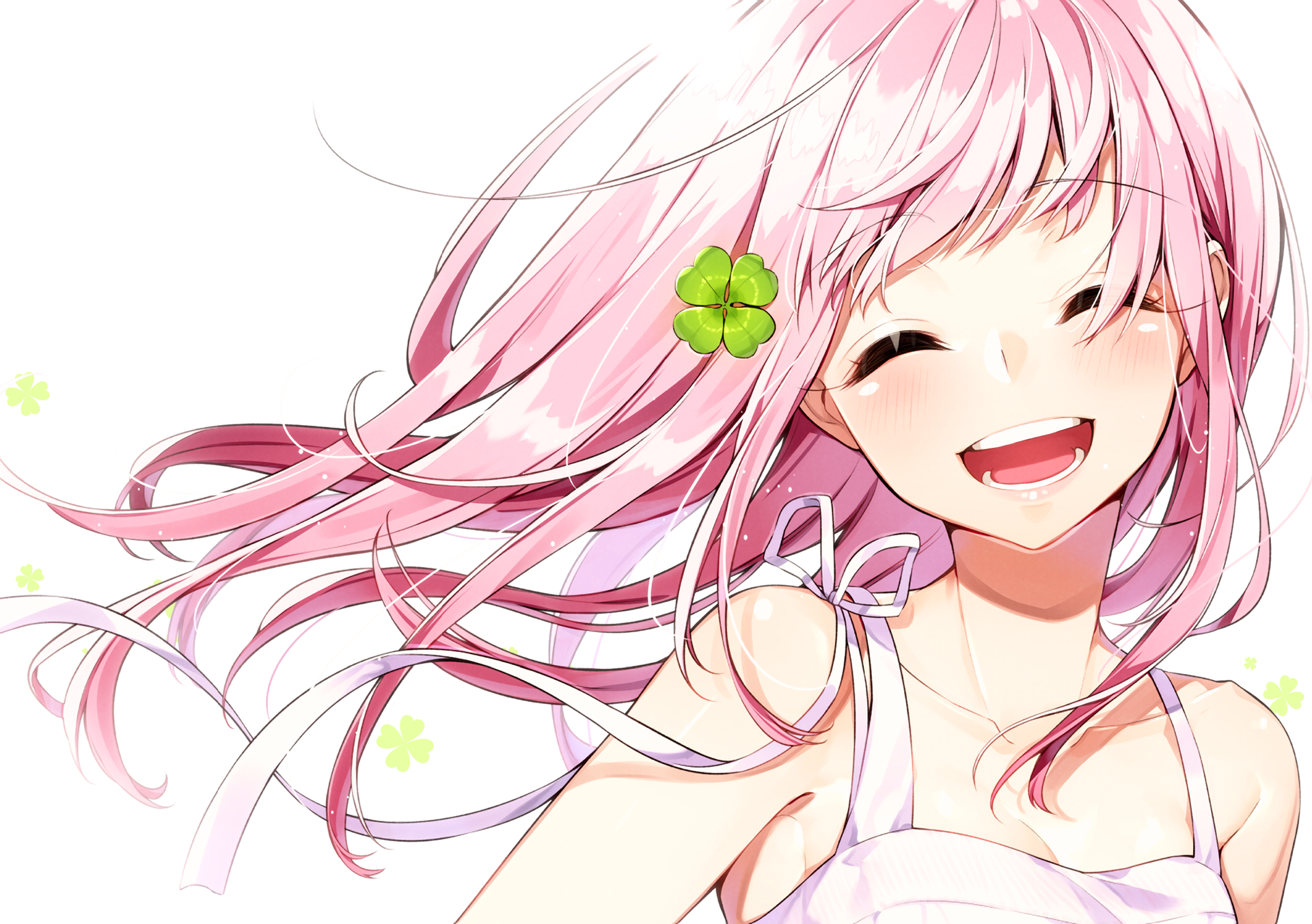 HD original anime desktop wallpaper featuring a smiling girl with long pink hair, adorned with a green clover hairpin, against a simple white background.