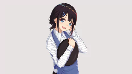 HD desktop wallpaper featuring an original anime character with black hair and a blue vest, holding a hat and smiling against a plain background.