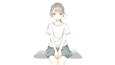 An HD desktop wallpaper featuring an anime girl with light brown hair and eyes, wearing a white shirt and grey skirt, sitting against a plain white background.