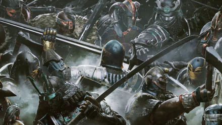 Epic battle scene featuring Viking, Samurai, and Knight warriors in detailed armor wielding swords from the For Honor video game, rendered in 4K Ultra HD.