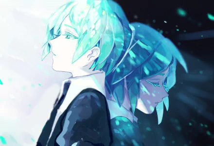 HD anime wallpaper featuring Phosphophyllite from Land of the Lustrous, showcasing dual profiles with glowing, crystalline blue-green hair and a dark, ethereal background.