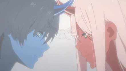 HD desktop wallpaper featuring Hiro and Zero Two from the anime Darling in the FranXX, depicting an intimate moment with the characters facing each other closely.