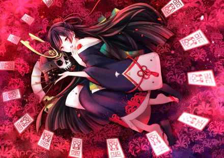 HD anime desktop wallpaper featuring a character from Onmyoji, surrounded by glowing talisman cards and vibrant red foliage in a mystical setting.