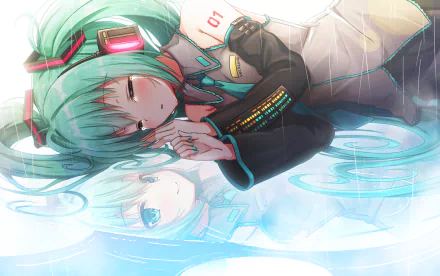 HD PC desktop wallpaper featuring Hatsune Miku, the iconic Vocaloid anime character, depicted with teal twin-tails and futuristic attire in a reflective, digital-inspired scene.