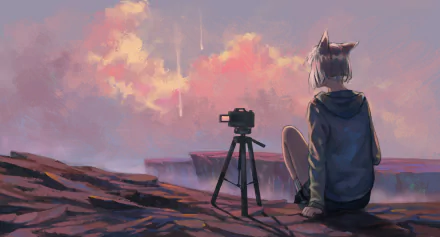 Anime-style HD desktop wallpaper of a grey-haired cat girl with short hair sitting near a camera on rocky terrain under a colorful sky.