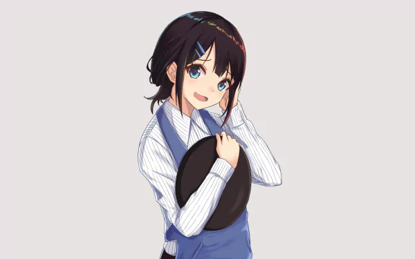 HD desktop wallpaper featuring an original anime character with black hair and a blue vest, holding a hat and smiling against a plain background.