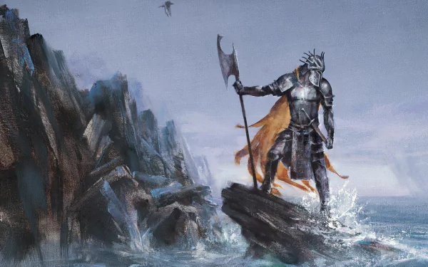 Victarion Greyjoy in iron armor stands on jagged rocks by the sea, holding a huge axe as waves crash — fantasy A Song of Ice and Fire 2K Quad HD PC wallpaper