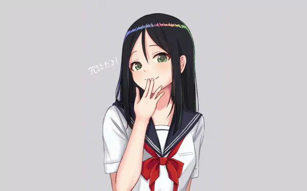 HD desktop wallpaper featuring an anime girl in a school uniform with long black hair and green eyes, touching her lips with a shy expression. The background is a plain light grey.