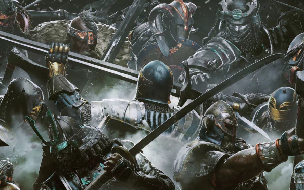 Epic battle scene featuring Viking, Samurai, and Knight warriors in detailed armor wielding swords from the For Honor video game, rendered in 4K Ultra HD.