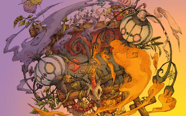 HD PC desktop wallpaper featuring Chandelure, Litwick, and Drifloon Pokémon in a spooky, whimsical video game-inspired scene.