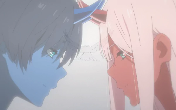 HD desktop wallpaper featuring Hiro and Zero Two from the anime Darling in the FranXX, depicting an intimate moment with the characters facing each other closely.